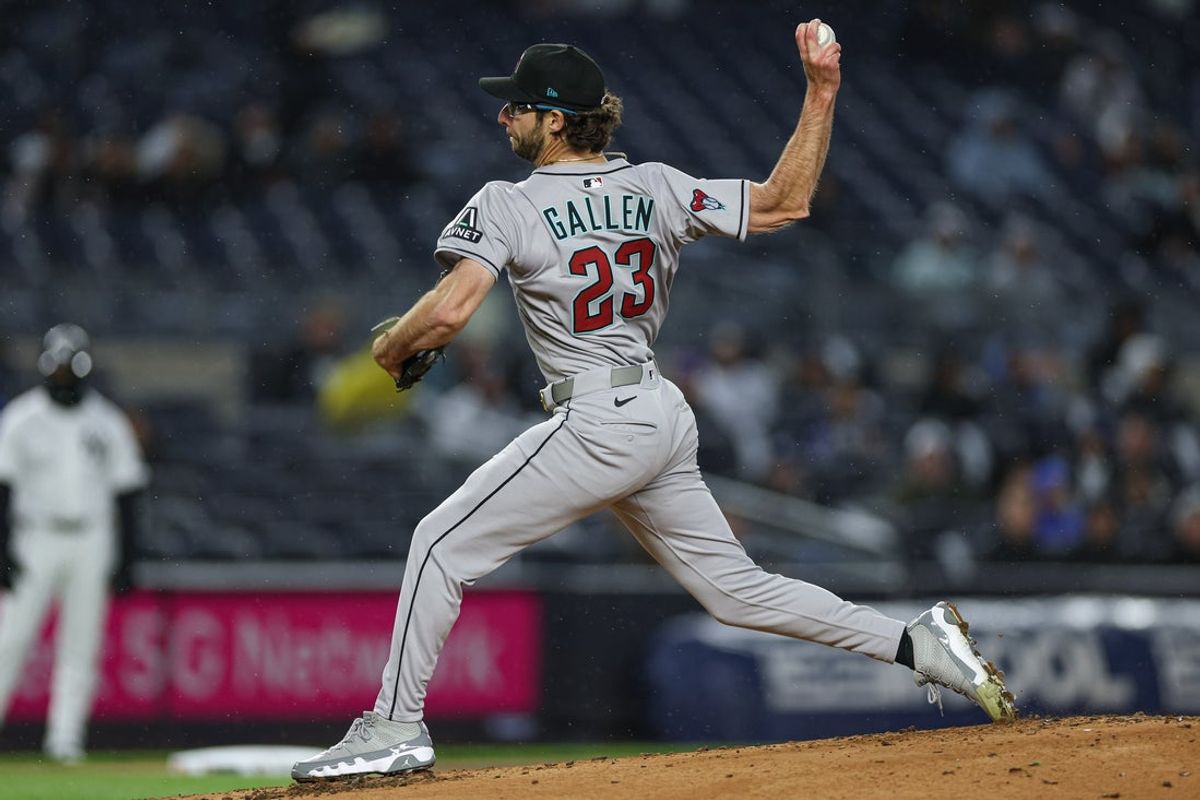 Apr 2, 2025; Bronx, New York, USA; Arizona Diamondbacks starting pitcher Zac Gallen (23) delivers a pitch during the first inning against the New York Yankees at Yankee Stadium. Mandatory Credit: Vincent Carchietta-Imagn Images