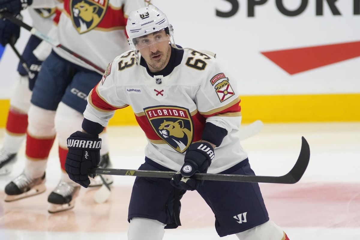 Apr 2, 2025; Toronto, Ontario, CAN; Florida Panthers forward Brad Marchand (63) skates during warm up before a game against the Toronto Maple Leafs at Scotiabank Arena. Mandatory Credit: John E. Sokolowski-Imagn Images