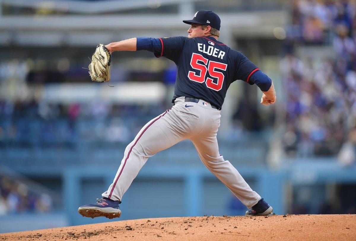 Apr 2, 2025; Los Angeles, California, USA; Atlanta Braves pitcher Bryce Elder (55) throws during the first inning against the Los Angeles Dodgers at Dodger Stadium. Mandatory Credit: Gary A. Vasquez-Imagn Images