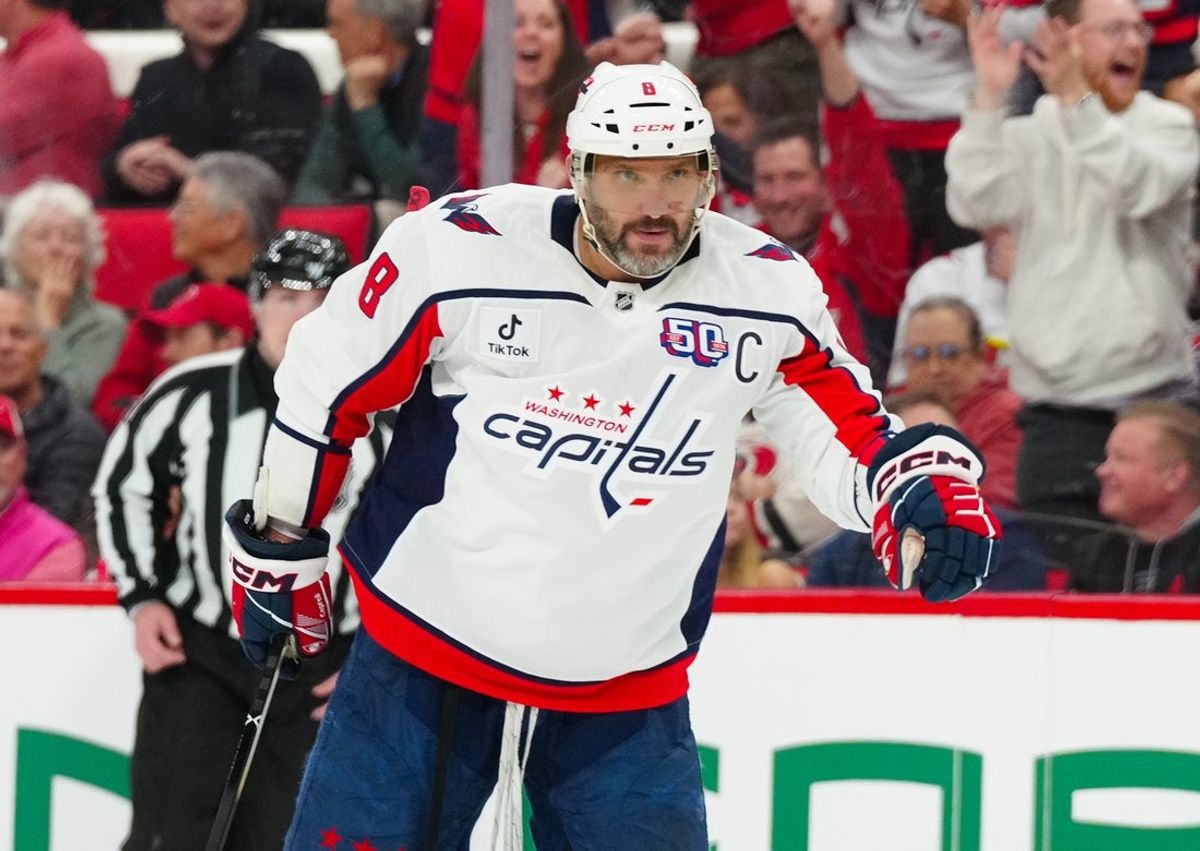 Apr 2, 2025; Raleigh, North Carolina, USA;  Washington Capitals left wing Alex Ovechkin (8) clebrates his goal against the Carolina Hurricanes during the second period at Lenovo Center. Mandatory Credit: James Guillory-Imagn Images