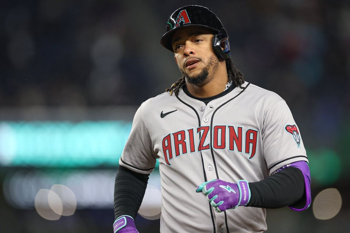 Apr 2, 2025; Bronx, New York, USA; Arizona Diamondbacks second baseman Ketel Marte (4) reacts after hitting an RBI singe during the second inning against the New York Yankees at Yankee Stadium. Mandatory Credit: Vincent Carchietta-Imagn Images