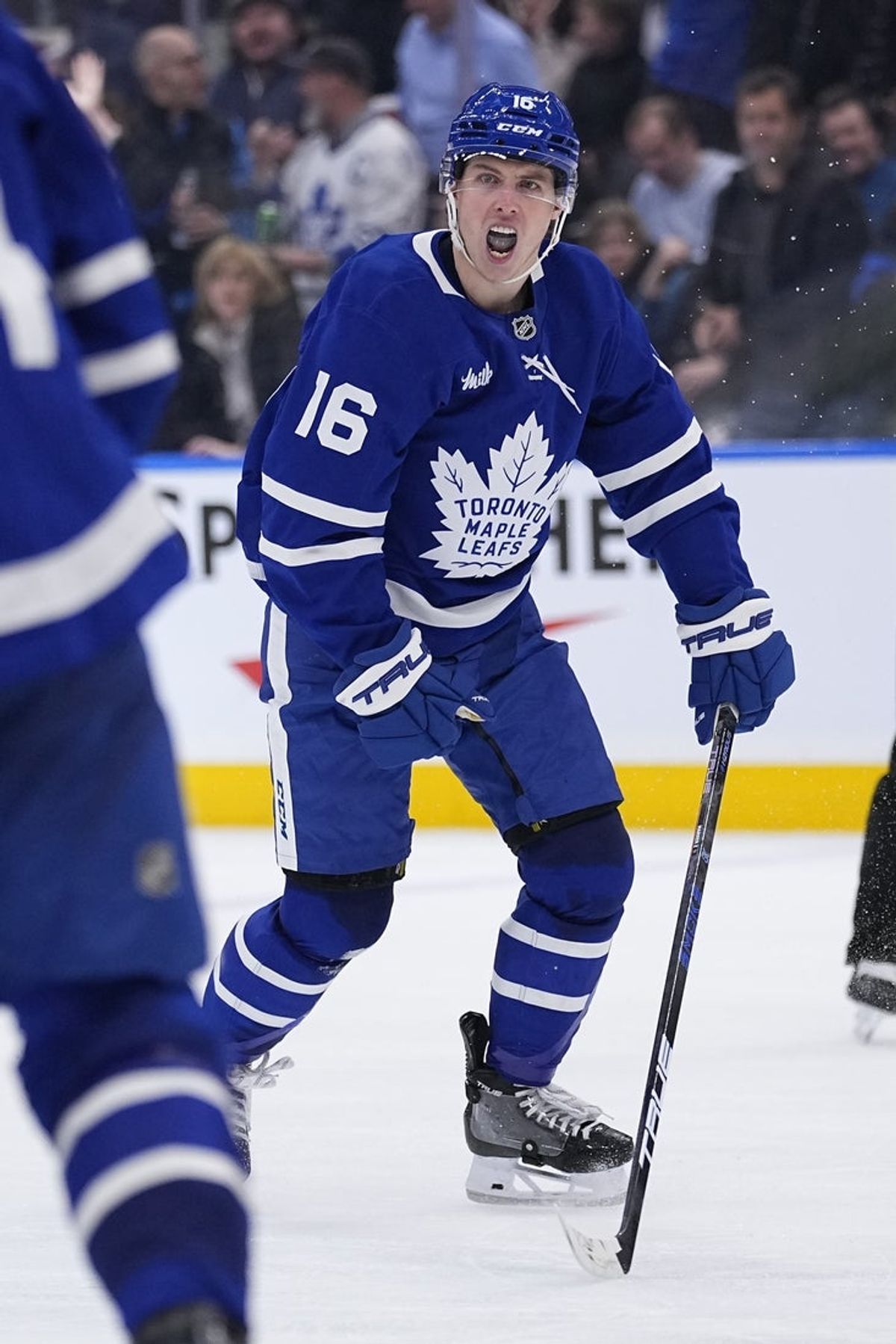 Apr 2, 2025; Toronto, Ontario, CAN; Toronto Maple Leafs forward Mitch Marner (16) reacts after scoring against the Florida Panthers during the third period at Scotiabank Arena. Mandatory Credit: John E. Sokolowski-Imagn Images