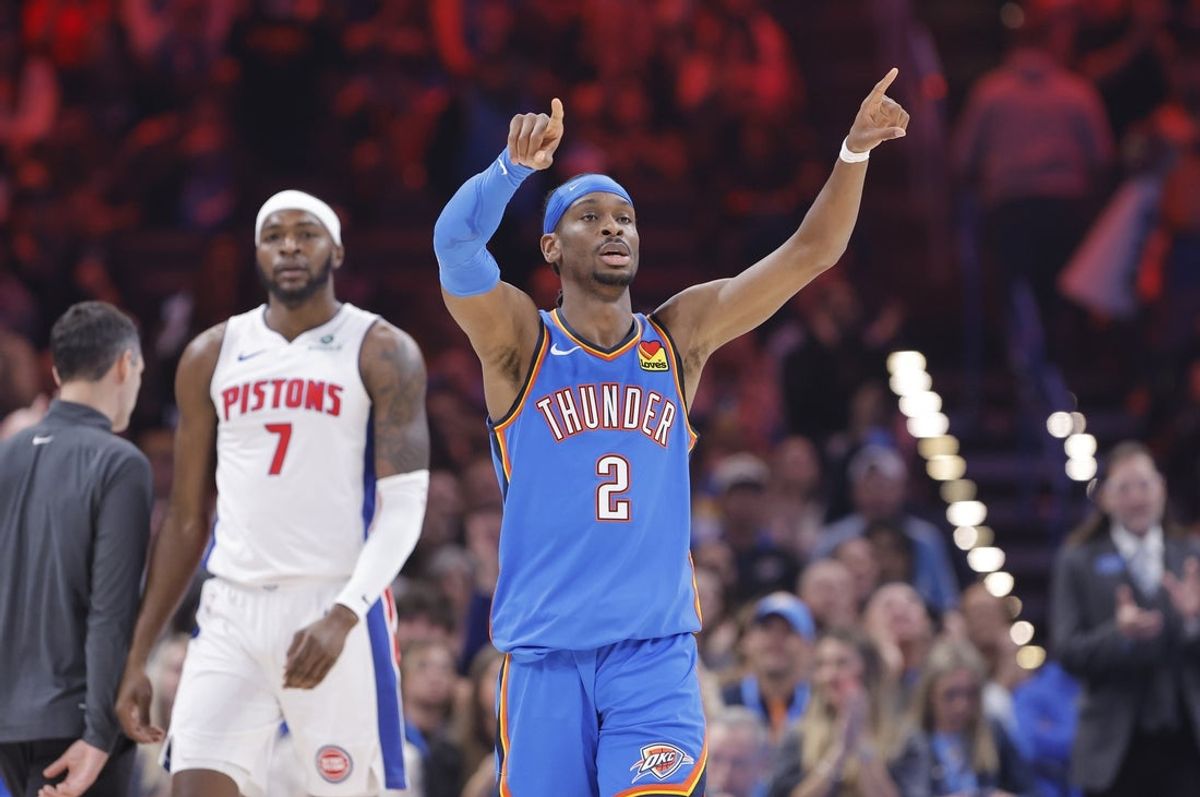 Apr 2, 2025; Oklahoma City, Oklahoma, USA; Oklahoma City Thunder guard Shai Gilgeous-Alexander (2) gestures after scoring against the Detroit Pistons during the first quarter at Paycom Center. Mandatory Credit: Alonzo Adams-Imagn Images