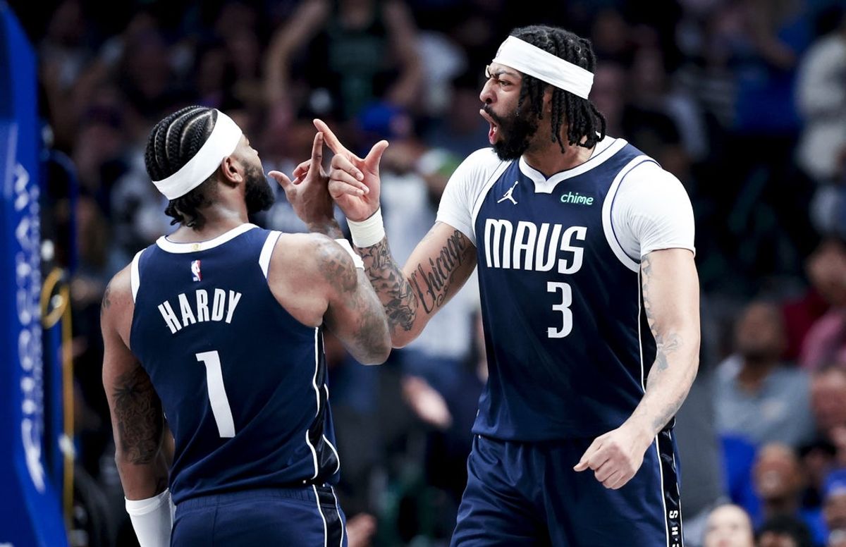 Apr 2, 2025; Dallas, Texas, USA;  Dallas Mavericks forward Anthony Davis (3) celebrates with Dallas Mavericks guard Jaden Hardy (1) after scoring during the fourth quarter against the Atlanta Hawks at American Airlines Center. Mandatory Credit: Kevin Jairaj-Imagn Images