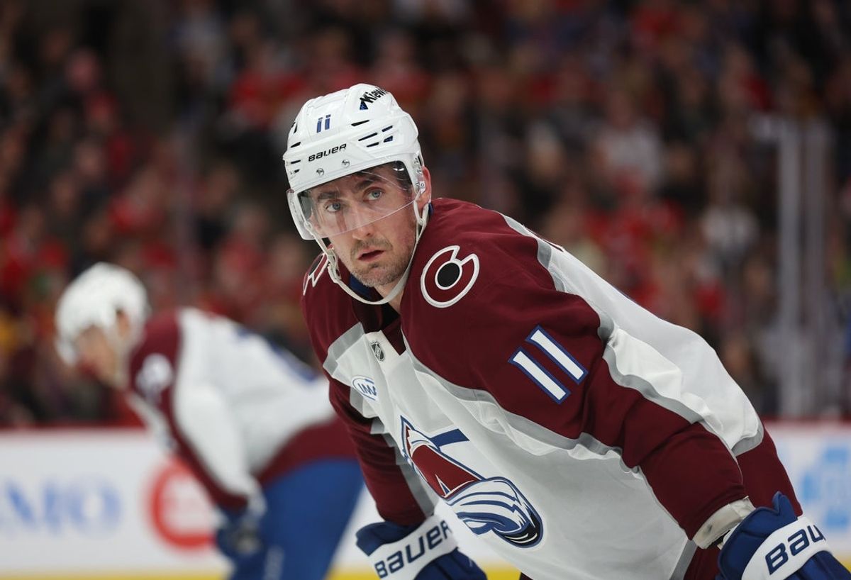 Apr 2, 2025; Chicago, Illinois, USA; Colorado Avalanche center Brock Nelson (11) waits for a faceoff during the second period against the Chicago Blackhawks at United Center. Mandatory Credit: Talia Sprague-Imagn Images