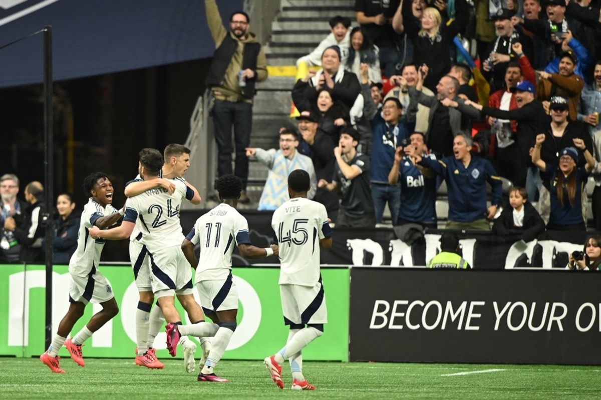 Apr 2, 2025; Vancouver, British Columbia, CAN;  Vancouver Whitecaps FC forward Brian White (24) scores second half against Pumas UNAM at BC Place. Mandatory Credit: Anne-Marie Sorvin-Imagn Images