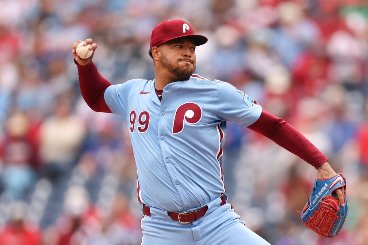 Apr 3, 2025; Philadelphia, Pennsylvania, USA; Philadelphia Phillies pitcher Taijuan Walker (99) throws a pitch against the Colorado Rockies during the first inning at Citizens Bank Park. Mandatory Credit: Bill Streicher-Imagn Images