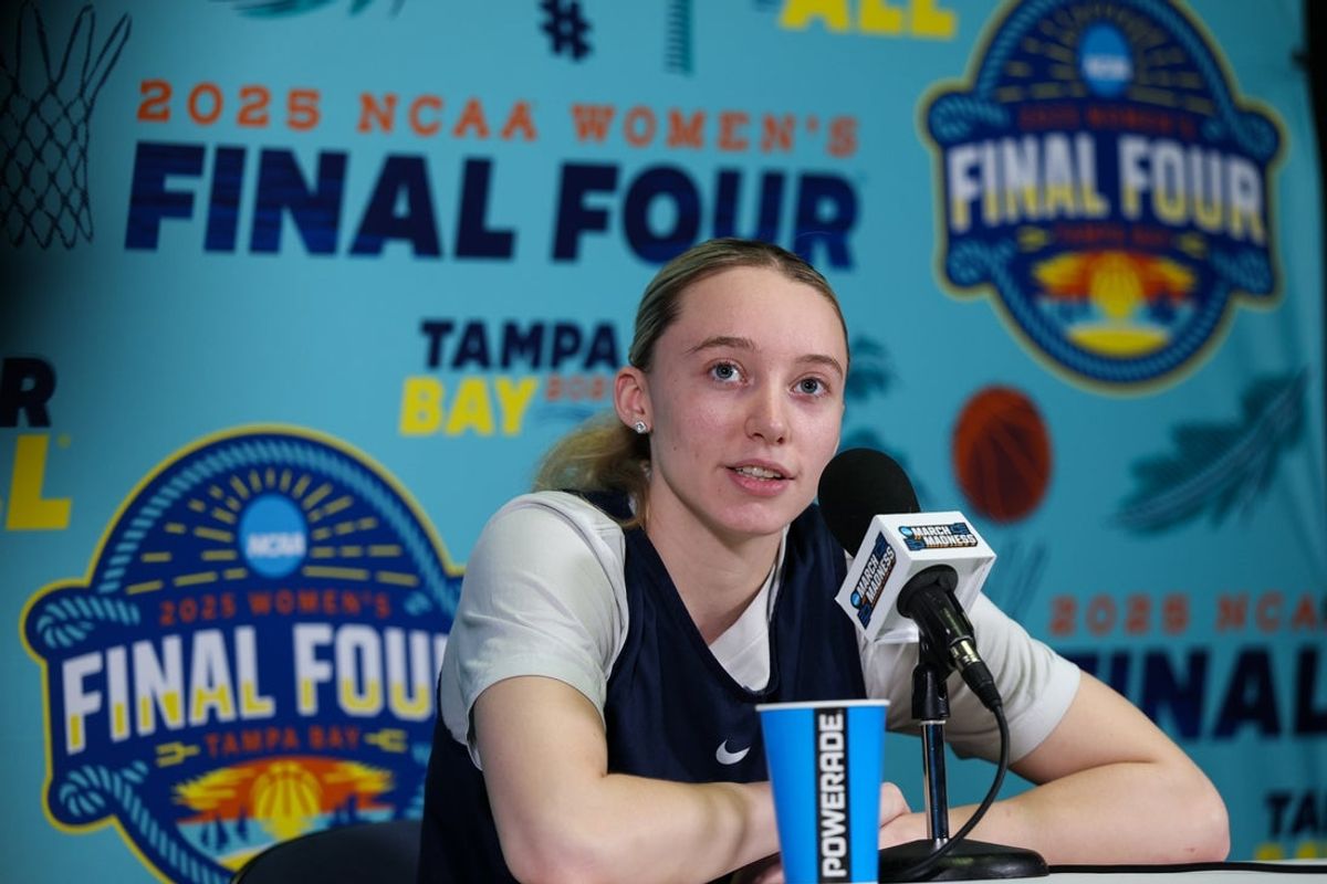 Apr 3, 2025; Tampa, FL, USA; UConn Huskies guard Paige Bueckers (5) talks to media before the NCAA Woman’s Final Four at Amalie Arena. Mandatory Credit: Nathan Ray Seebeck-Imagn Images