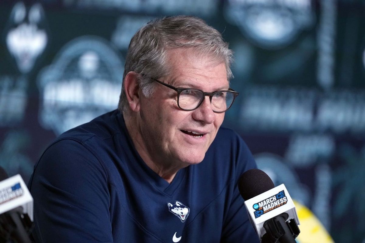 Apr 3, 2025; Tampa, FL, USA; UConn Huskies head coach Geno Auriemma during press conference at Amalie Arena. Mandatory Credit: Kirby Lee-Imagn Images