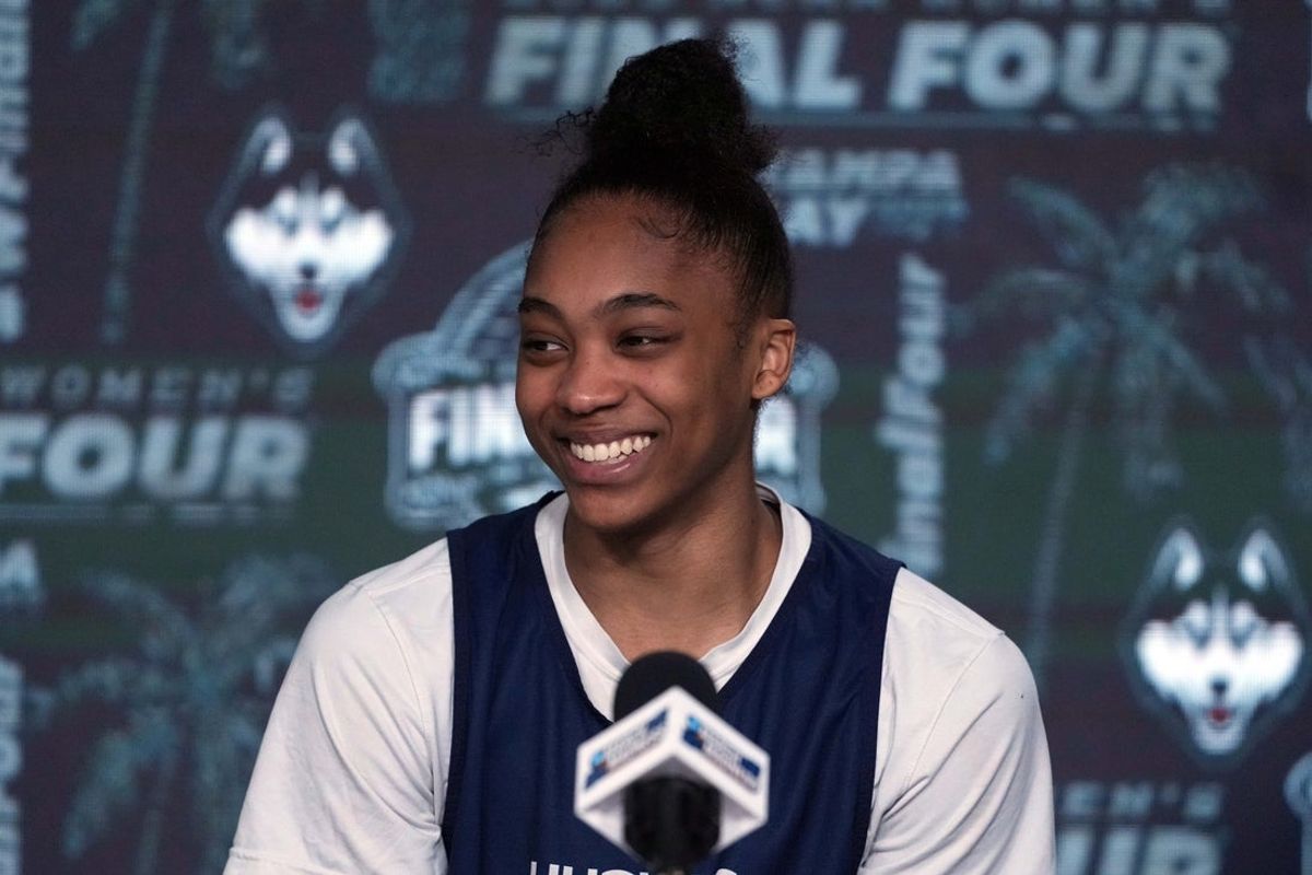 Apr 3, 2025; Tampa, FL, USA; UConn Huskies forward Aubrey Griffin (44) during press conference at Amalie Arena. Mandatory Credit: Kirby Lee-Imagn Images