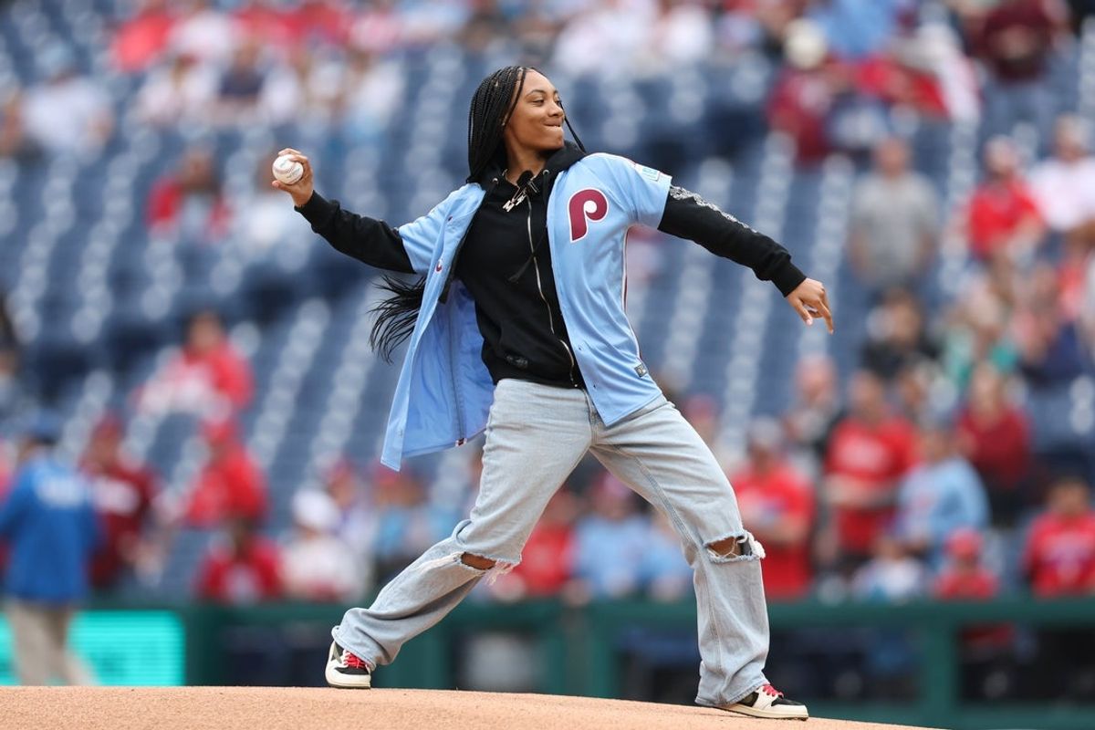 Apr 3, 2025; Philadelphia, Pennsylvania, USA; Mo'ne Davis throws out a first pitch before action between the Philadelphia Phillies and the Colorado Rockies at Citizens Bank Park. Mandatory Credit: Bill Streicher-Imagn Images