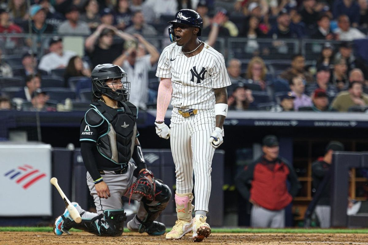 Apr 3, 2025; Bronx, New York, USA; New York Yankees third baseman Jazz Chisholm Jr. (13) looks up after hitting a two run home run with a torpedo bat during the fourth inning against the Arizona Diamondbacks at Yankee Stadium. Mandatory Credit: Vincent Carchietta-Imagn Images