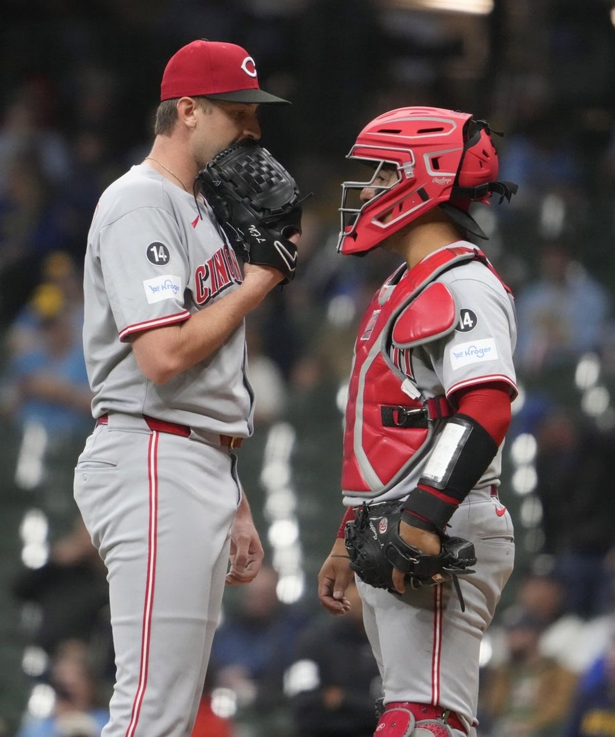 Apr 3, 2025; Milwaukee, Wisconsin, USA; Cincinnati Reds catcher Jose Trevino (35) talks with pitcher Nick Lodolo (40) in the fifth inning against the Milwaukee Brewers at American Family Field. Mandatory Credit: Michael McLoone-Imagn Images