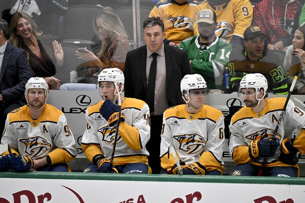 Apr 3, 2025; Dallas, Texas, USA; Nashville Predators head coach Andrew Brunette looks on during the second period against the Dallas Stars at the American Airlines Center. Mandatory Credit: Jerome Miron-Imagn Images