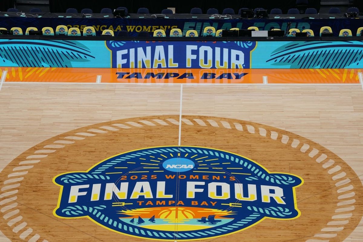 Apr 3, 2025; Tampa, FL, USA; The NCAA Women's Final Four logo at midcourt at Amalie Arena. Mandatory Credit: Kirby Lee-Imagn Images