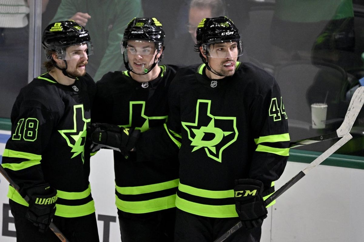 Apr 3, 2025; Dallas, Texas, USA; Dallas Stars center Wyatt Johnston (53) and center Sam Steel (18) and defenseman Cody Ceci (44) celebrates a goal scored by Johnston against the Nashville Predators during the third period at the American Airlines Center. Mandatory Credit: Jerome Miron-Imagn Images
