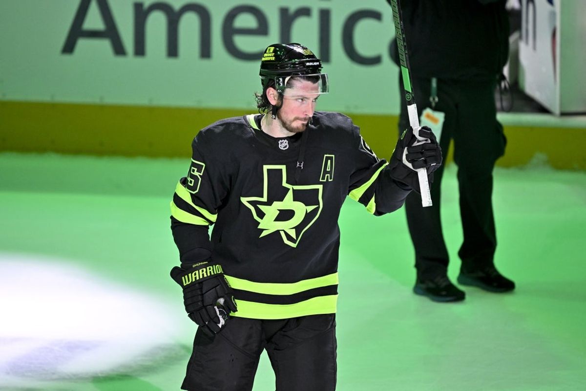 Apr 3, 2025; Dallas, Texas, USA; Dallas Stars center Matt Duchene (95) is named the number three star in Stars win over the Nashville Predators at the American Airlines Center. Mandatory Credit: Jerome Miron-Imagn Images