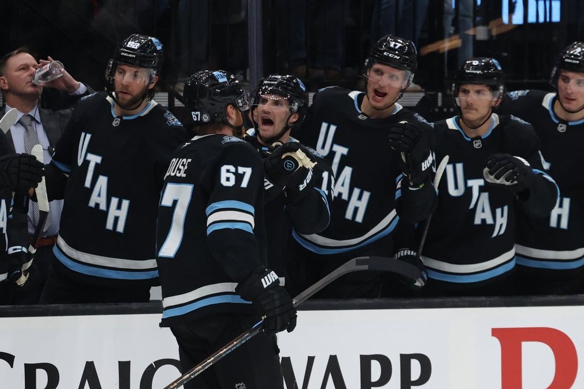 Apr 3, 2025; Salt Lake City, Utah, USA; Utah Hockey Club left wing Lawson Crouse (67) celebrates a goal against the Los Angeles Kings during the second period at Delta Center. Mandatory Credit: Rob Gray-Imagn Images