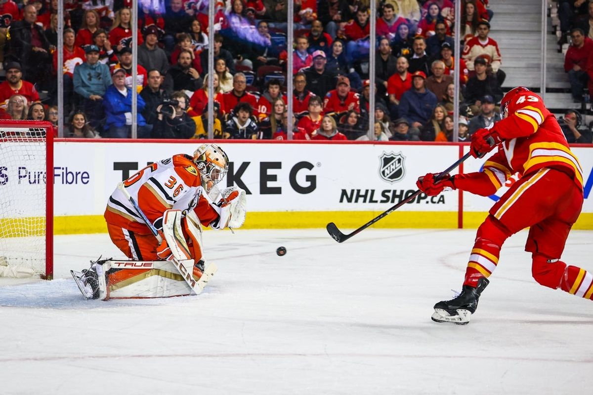 Apr 3, 2025; Calgary, Alberta, CAN; Anaheim Ducks goaltender John Gibson (36) makes a save against Calgary Flames right wing Adam Klapka (43) during the second period at Scotiabank Saddledome. Mandatory Credit: Sergei Belski-Imagn Images