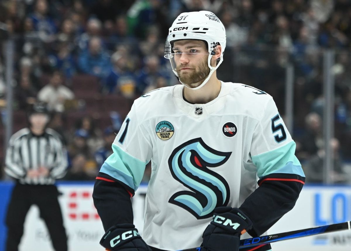 Apr 2, 2025; Vancouver, British Columbia, CAN; Seattle Kraken forward Shane Wright (51) awaits start of play during first period against the Seattle Kraken at Rogers Arena. Mandatory Credit: Simon Fearn-Imagn Images