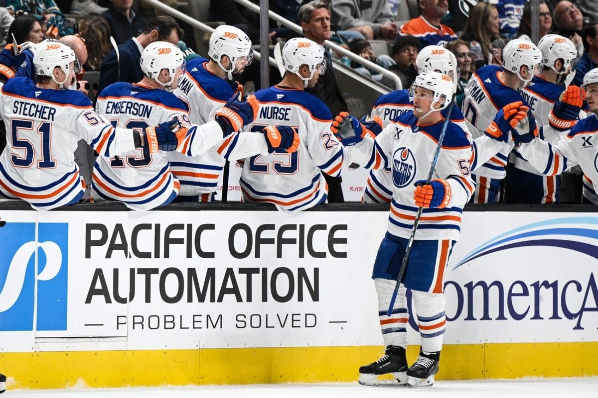Apr 3, 2025; San Jose, California, USA; Edmonton Oilers center Jeff Skinner (53) celebrates his goal against the San Jose Sharks in the second period at SAP Center at San Jose. Mandatory Credit: Eakin Howard-Imagn Images