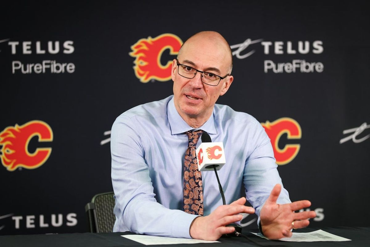 Apr 3, 2025; Calgary, Alberta, CAN; Calgary Flames head coach Ryan Huska during interview after the game against the Anaheim Ducks at Scotiabank Saddledome. Mandatory Credit: Sergei Belski-Imagn Images