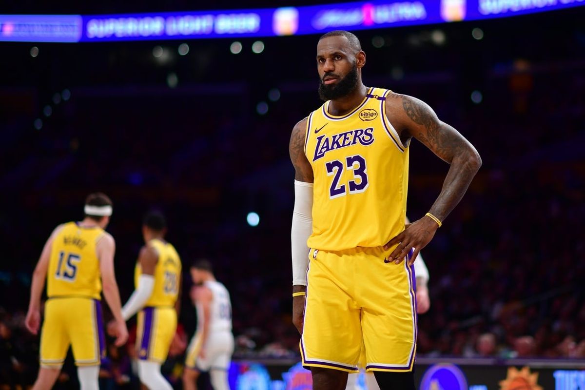 Apr 3, 2025; Los Angeles, California, USA; Los Angeles Lakers forward LeBron James (23) during the second half at Crypto.com Arena. Mandatory Credit: Gary A. Vasquez-Imagn Images
