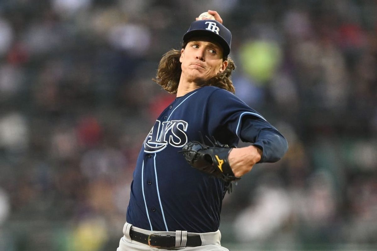 Sep 27, 2023; Boston, Massachusetts, USA; Tampa Bay Rays starting pitcher Tyler Glasnow (20) pitches against the Boston Red Sox during the first inning at Fenway Park.