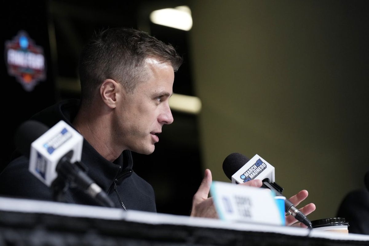 Apr 4, 2025; San Antonio, TX, USA; Duke Blue Devils head coach Jon Scheyer speaks during a press conference after forward Cooper Flagg (2) won the Oscar Robertson Player of the Year award at Alamodome. Mandatory Credit: Scott Wachter-Imagn Images
