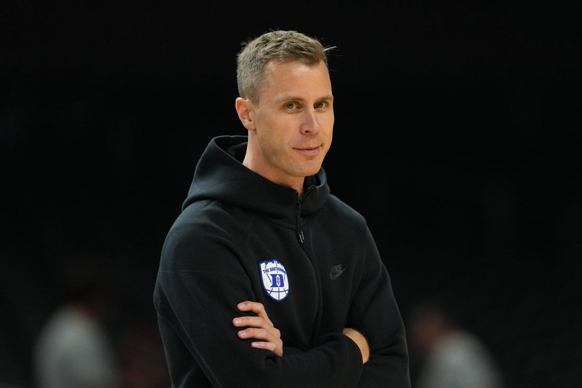 Apr 4, 2025; San Antonio, TX, USA; Duke Blue Devils head coach Jon Scheyer during a practice session for the Final Four of the 2025 NCAA tournament at Alamodome. Mandatory Credit: Bob Donnan-Imagn Images