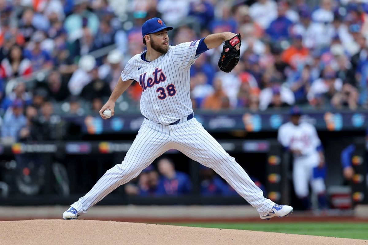 Apr 4, 2025; New York City, New York, USA; New York Mets starting pitcher Tylor Megill (38) pitches against the Toronto Blue Jays during the first inning at Citi Field. Mandatory Credit: Brad Penner-Imagn Images