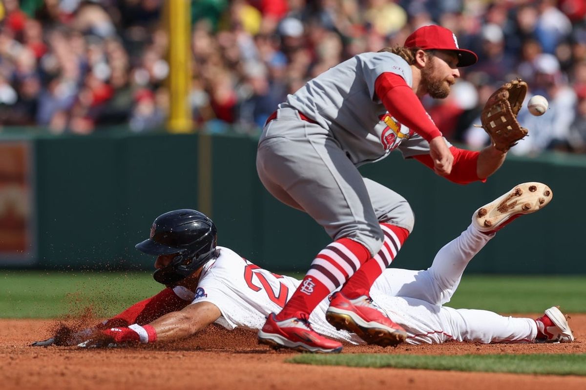 Apr 4, 2025; Boston, Massachusetts, USA; Boston Red Sox second baseman Kristian Campbell (28) steals second during the third inning against the St. Louis Cardinals at Fenway Park. Mandatory Credit: Paul Rutherford-Imagn Images
