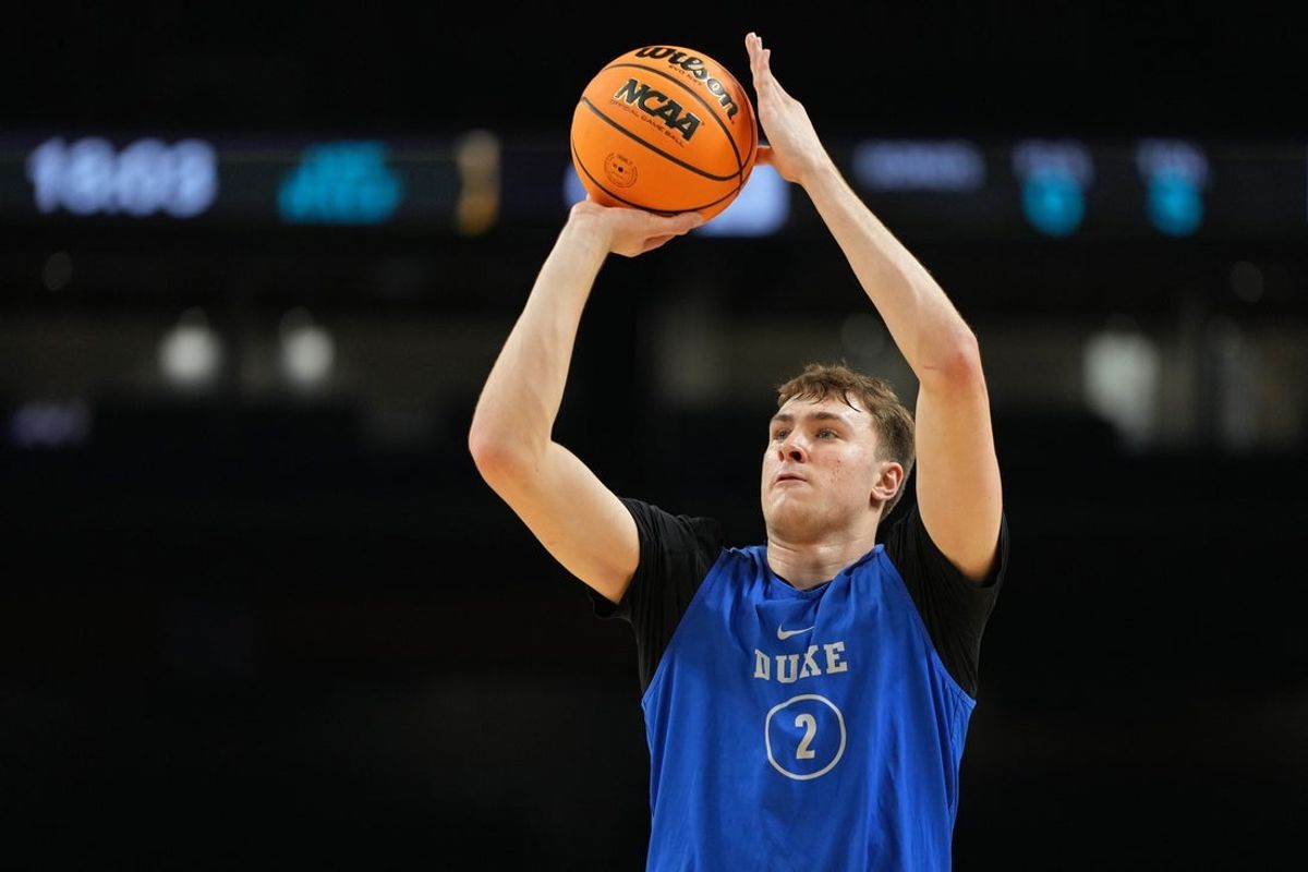 Apr 4, 2025; San Antonio, TX, USA; Duke Blue Devils guard Cooper Flagg (2) during a practice session for the Final Four of the 2025 NCAA tournament at Alamodome. Mandatory Credit: Bob Donnan-Imagn Images