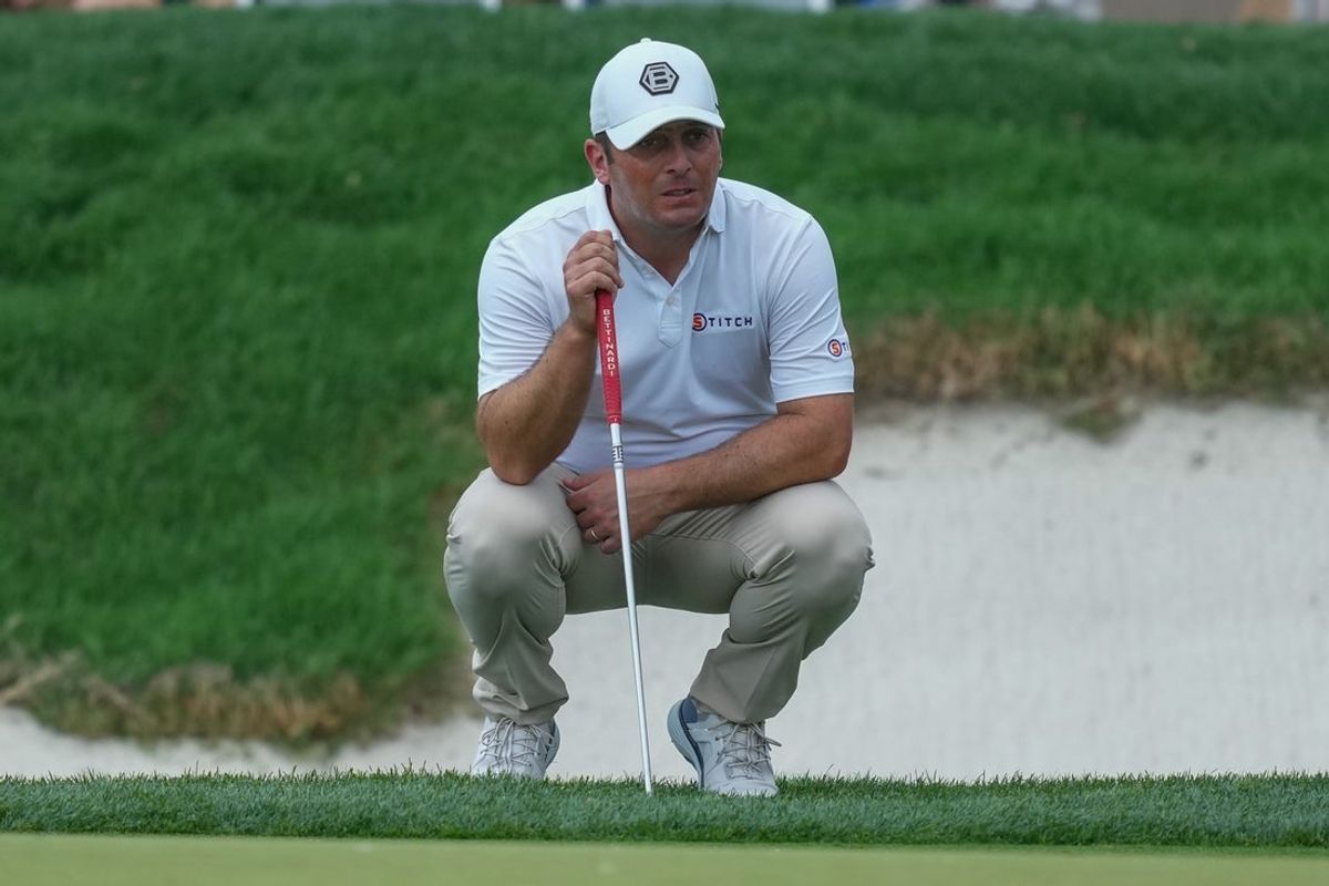 Apr 4, 2025; San Antonio, Texas, USA; Francesco Molinari looks at the 18th green during the second round of the Valero Texas Open golf tournament. Mandatory Credit: Daniel Dunn-Imagn Images