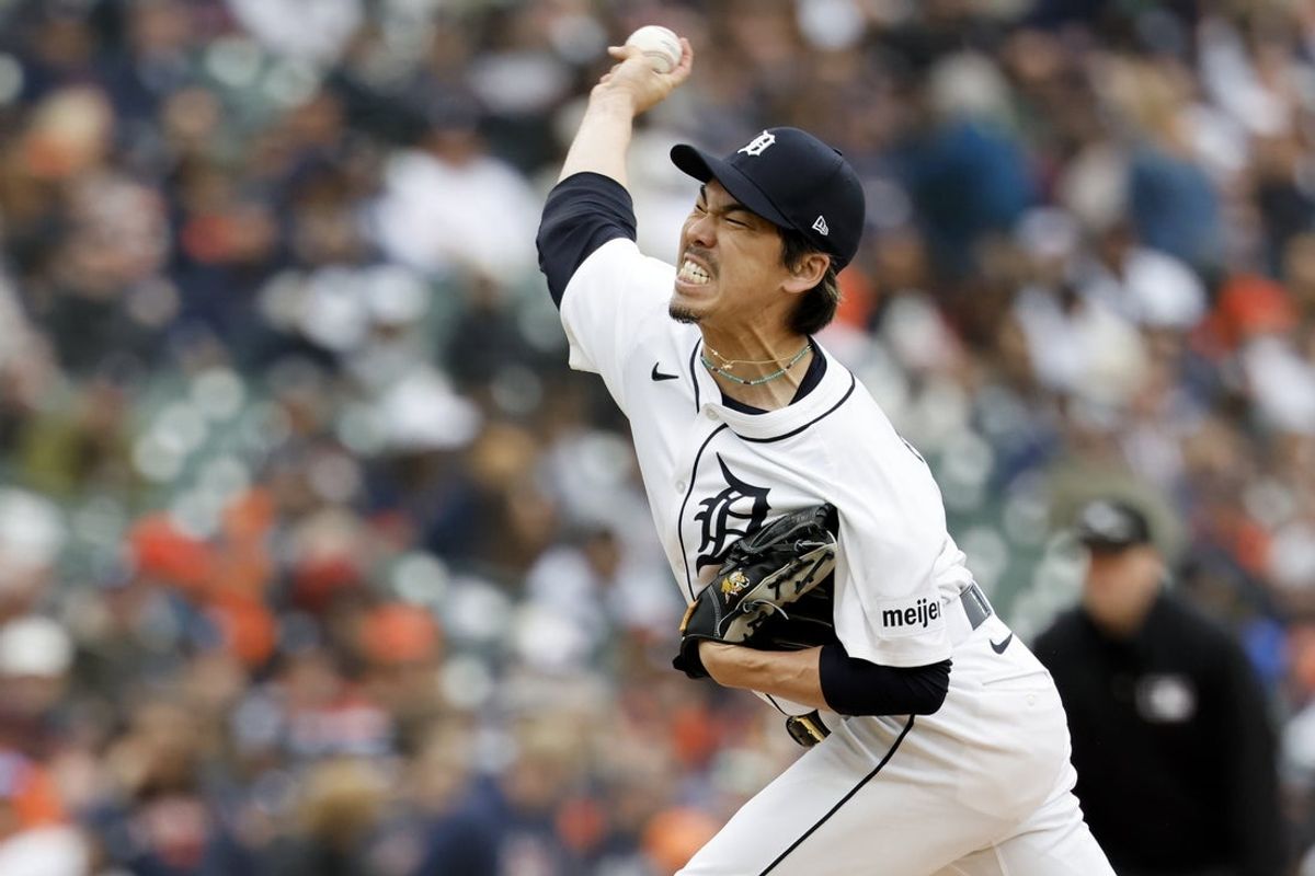 Apr 4, 2025; Detroit, Michigan, USA;  Detroit Tigers pitcher Kenta Maeda (18) pitches in the eighth inning against the Chicago White Sox at Comerica Park. Mandatory Credit: Rick Osentoski-Imagn Images