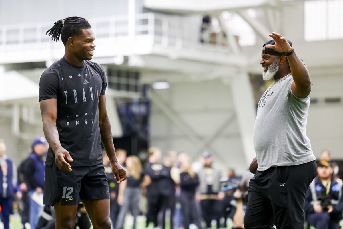 Apr 4, 2025; Boulder, CO, USA; Colorado Buffaloes wide receiver Travis Hunter (12) runs drills at the University of Colorado NFL Showcase at the CU Indoor Practice Facility. Mandatory Credit: Michael Ciaglo-Imagn Images