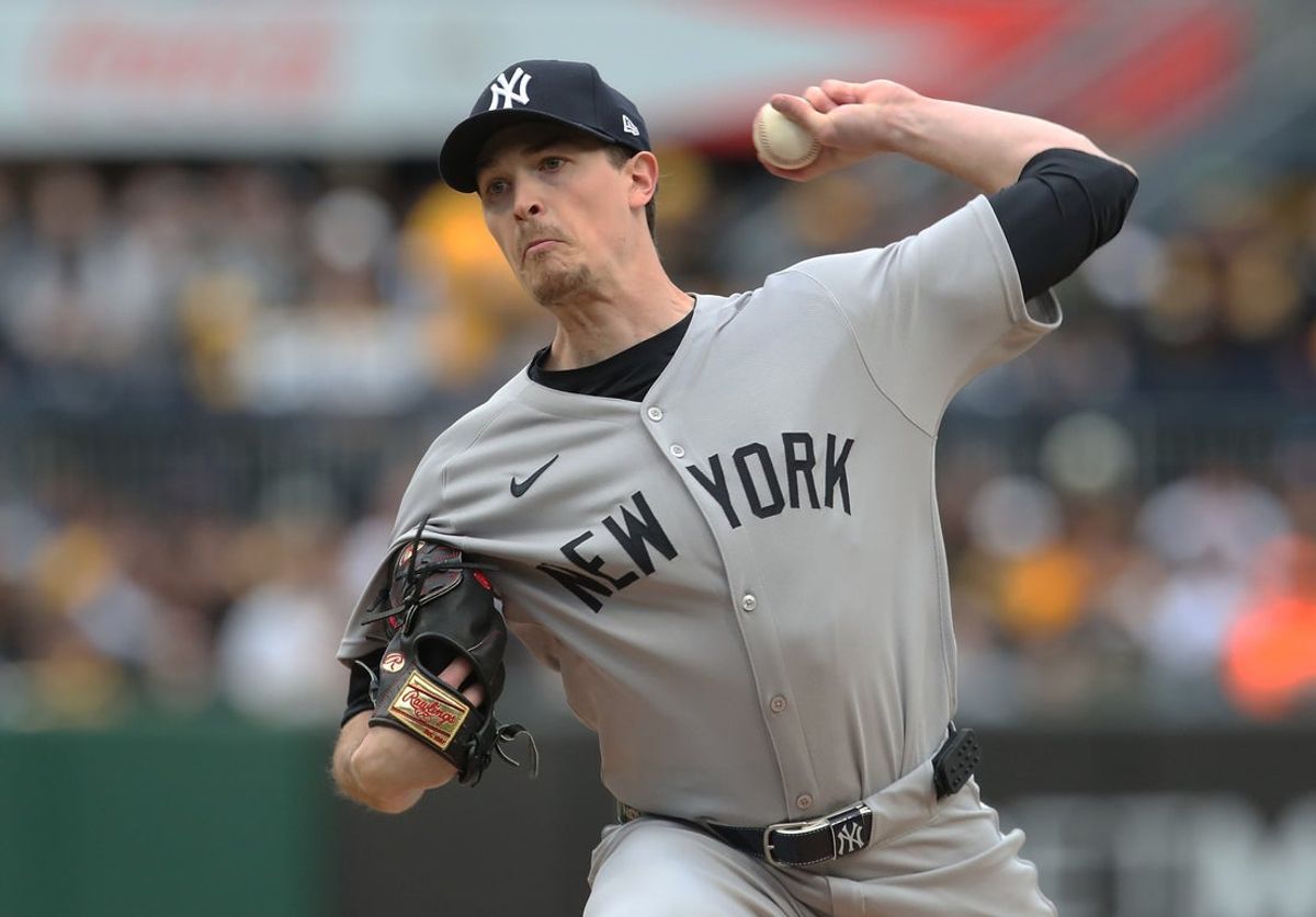 Apr 4, 2025; Pittsburgh, Pennsylvania, USA;  New York Yankees starting pitcher Max Fried (54) delivers a pitch against the Pittsburgh Pirates during the first inning at PNC Park. Mandatory Credit: Charles LeClaire-Imagn Images