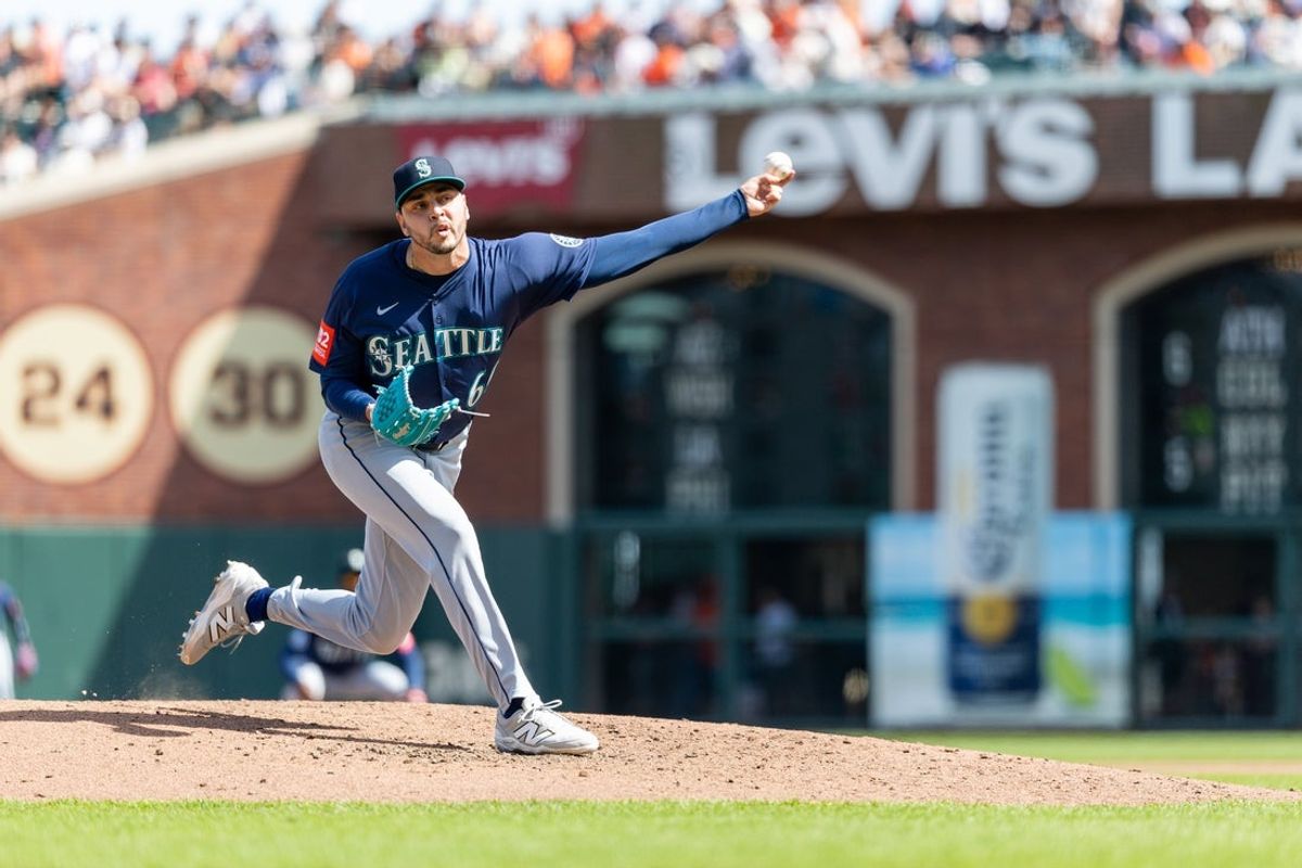 Apr 4, 2025; San Francisco, California, USA; Seattle Mariners pitcher Tayler Saucedo (60) throws a pitch during the fourth inning against the San Francisco Giants at Oracle Park. Mandatory Credit: Bob Kupbens-Imagn Images