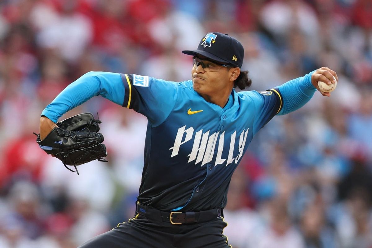 Apr 4, 2025; Philadelphia, Pennsylvania, USA; Philadelphia Phillies pitcher Jesús Luzardo (44) throws a pitch against the Los Angeles Dodgers during the first inning at Citizens Bank Park. Mandatory Credit: Bill Streicher-Imagn Images