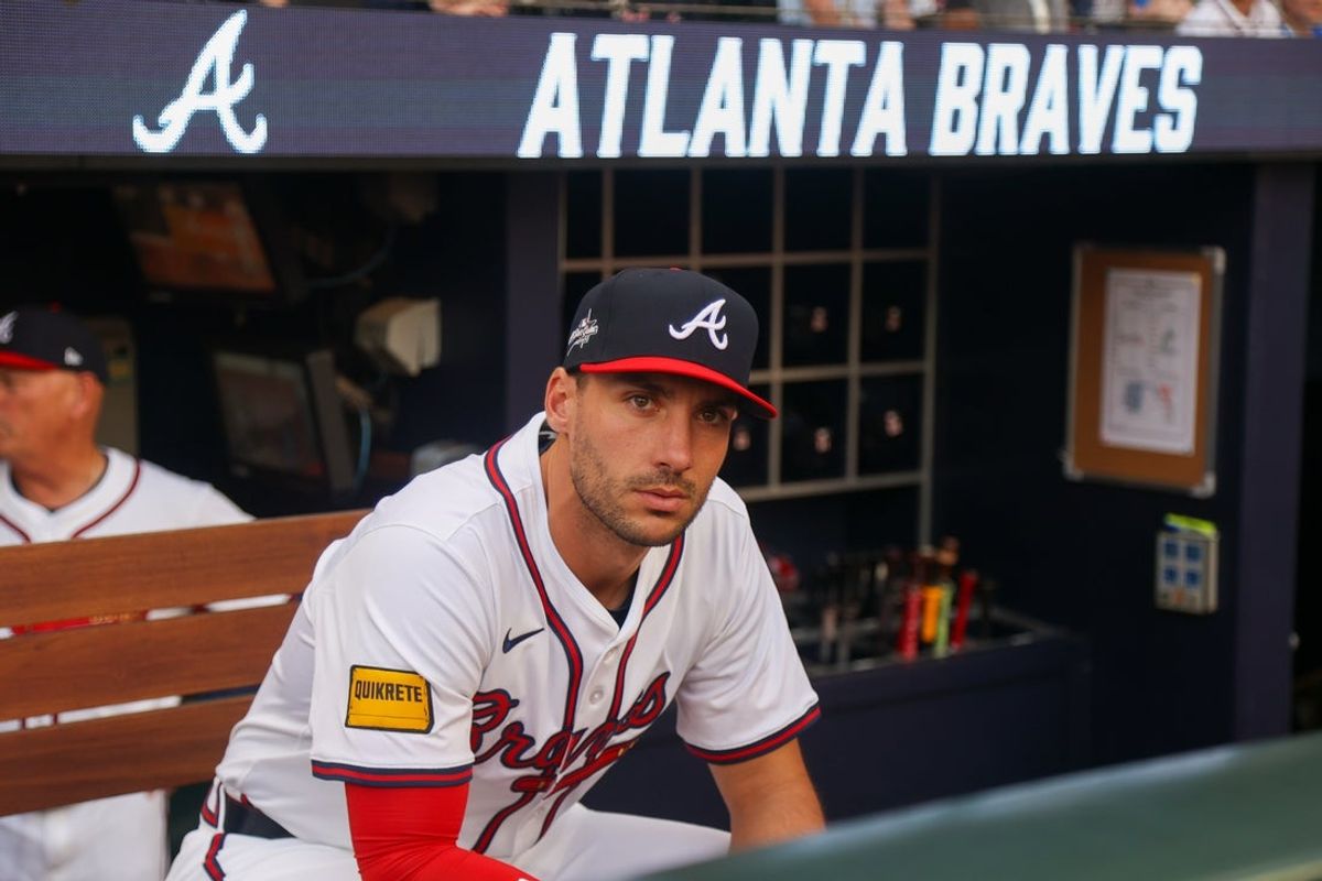 Apr 4, 2025; Atlanta, Georgia, USA; Atlanta Braves first baseman Matt Olson (28) in the dugout before a game against the Miami Marlins at Truist Park. Mandatory Credit: Brett Davis-Imagn Images