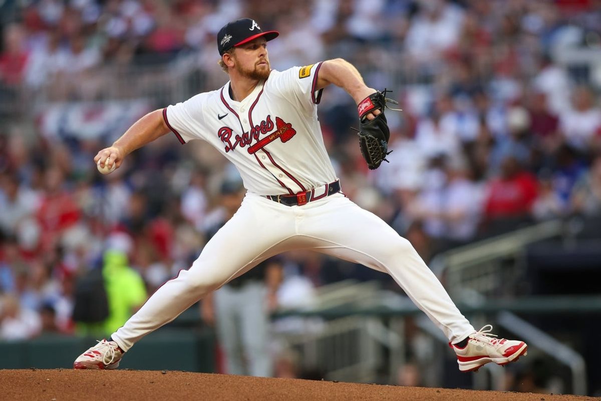Apr 4, 2025; Atlanta, Georgia, USA; Atlanta Braves starting pitcher Spencer Schwellenbach (56) throws against the Miami Marlins in the second inning at Truist Park. Mandatory Credit: Brett Davis-Imagn Images