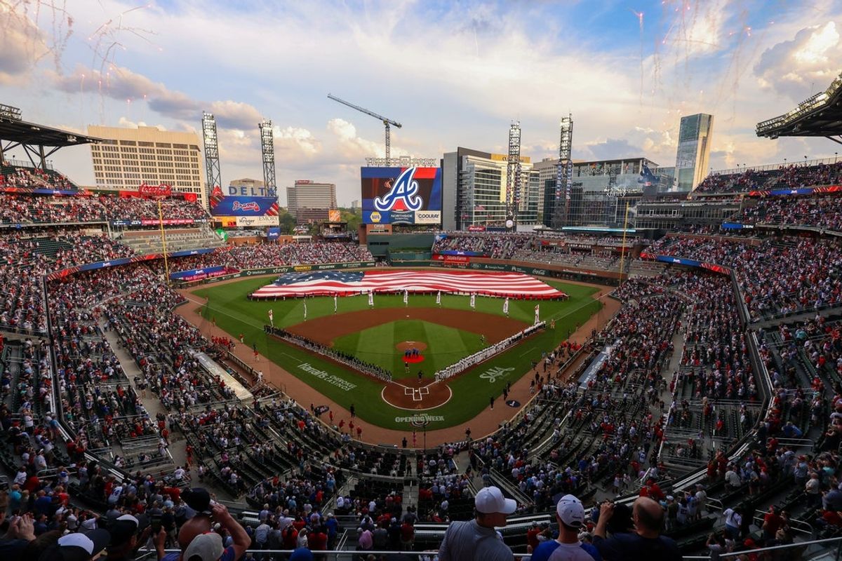Apr 4, 2025; Atlanta, Georgia, USA; A general view of Truist Park during the national anthem before a game between the Atlanta Braves and Miami Marlins at Truist Park. Mandatory Credit: Brett Davis-Imagn Images