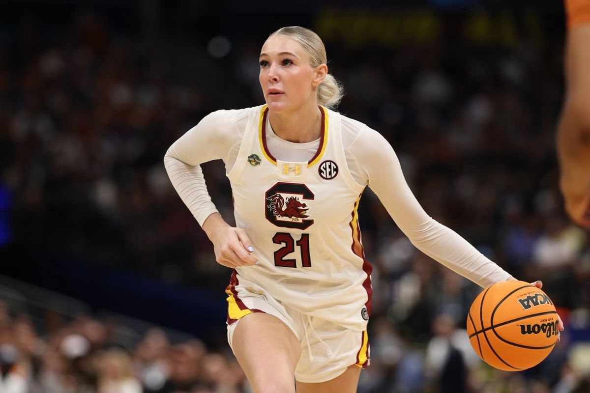 Apr 4, 2025; Tampa, FL, USA;  South Carolina Gamecocks forward Chloe Kitts (21) controls the ball against the Texas Longhorns during the third quarter in a semifinal of the women's 2025 NCAA tournament at Amalie Arena. Mandatory Credit: Nathan Ray Seebeck-Imagn Images