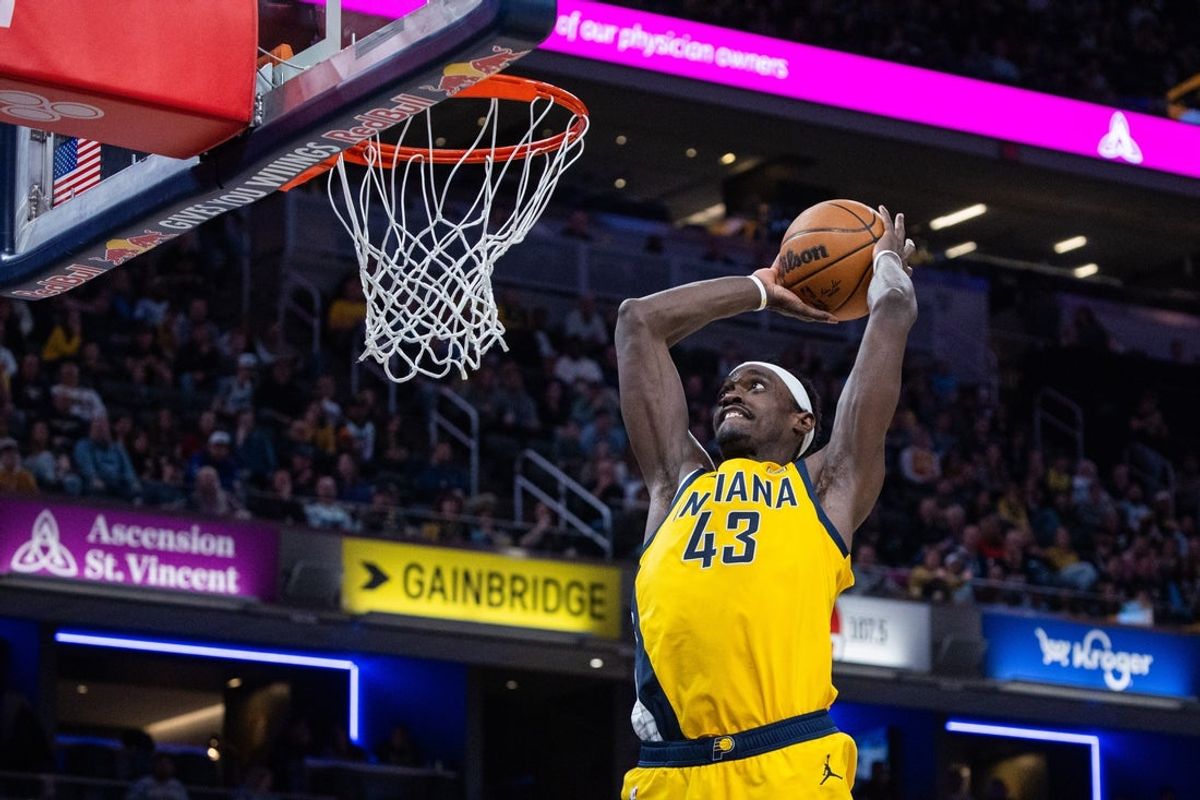 Apr 4, 2025; Indianapolis, Indiana, USA; Indiana Pacers forward Pascal Siakam (43) shoots the ball in the second half against the Utah Jazz at Gainbridge Fieldhouse. Mandatory Credit: Trevor Ruszkowski-Imagn Images