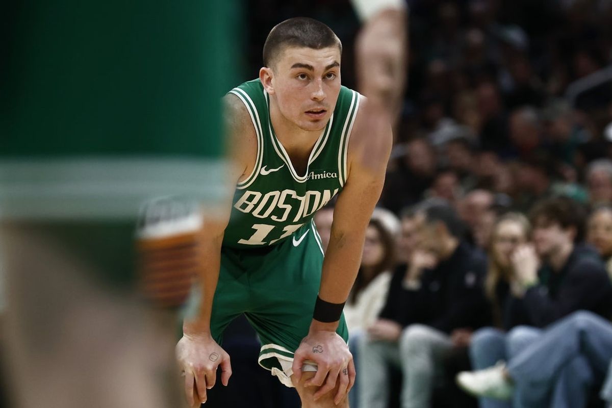 Apr 4, 2025; Boston, Massachusetts, USA; Boston Celtics guard Payton Pritchard (11) during the second half against the Phoenix Suns at TD Garden. Mandatory Credit: Winslow Townson-Imagn Images