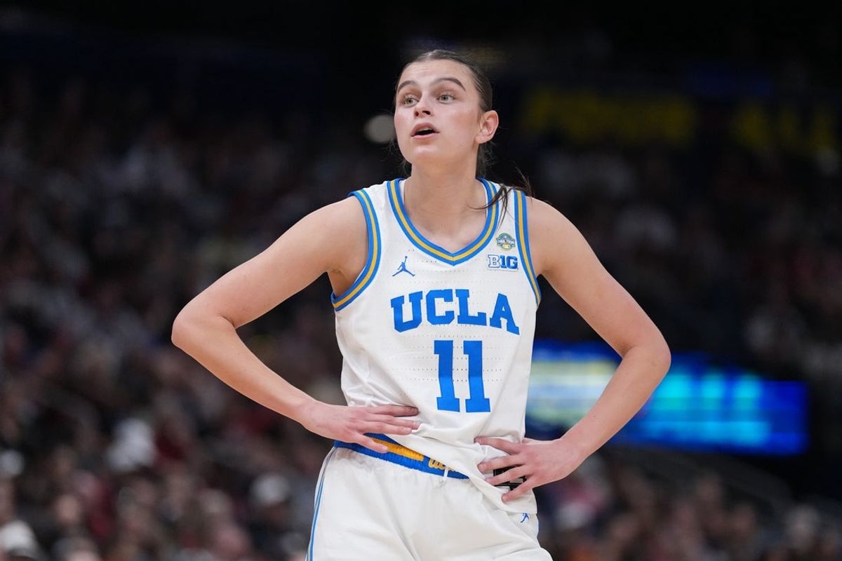 Apr 4, 2025; Tampa, FL, USA;  UCLA Bruins guard Gabriela Jaquez (11) reacts during second quarter in a semifinal of the women's 2025 NCAA tournament against the Connecticut Huskies at Amalie Arena. Mandatory Credit: Kirby Lee-Imagn Images