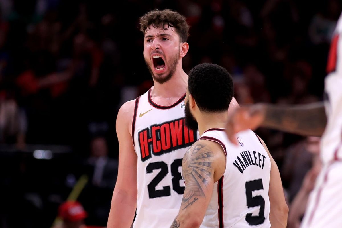Apr 4, 2025; Houston, Texas, USA; Houston Rockets center Alperen Sengun (28) reacts after a dunk against the Oklahoma City Thunder during the fourth quarter at Toyota Center. Mandatory Credit: Erik Williams-Imagn Images