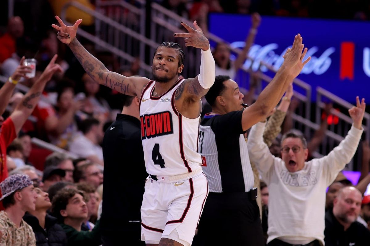 Apr 4, 2025; Houston, Texas, USA; Houston Rockets guard Jalen Green (4) reacts after a made basket against the Oklahoma City Thunder during the fourth quarter at Toyota Center. Mandatory Credit: Erik Williams-Imagn Images