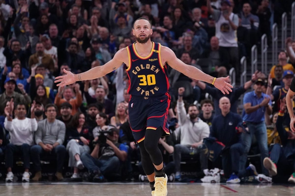 Apr 4, 2025; San Francisco, California, USA; Golden State Warriors guard Stephen Curry (30) celebrates after scoring against the Denver Nuggets in the second period at Chase Center. Mandatory Credit: David Gonzales-Imagn Images