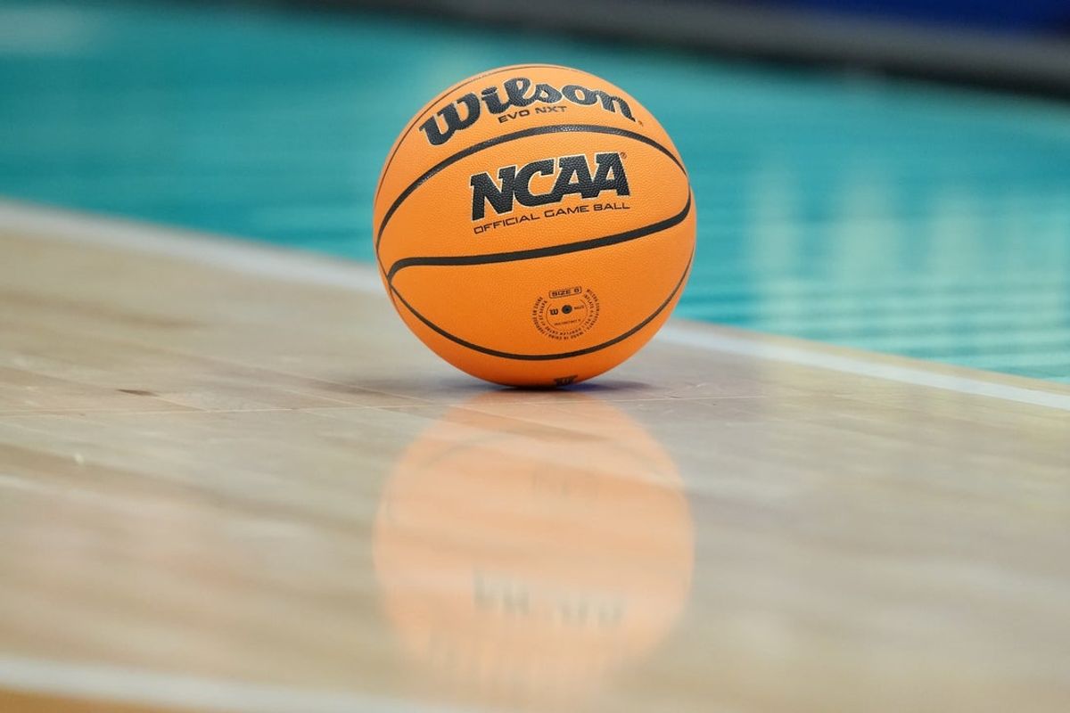Apr 4, 2025; Tampa, FL, USA;  Detail view of the basketball during the fourth quarter in a semifinal of the women's 2025 NCAA tournament between the Connecticut Huskies and the UCLA Bruins at Amalie Arena. Mandatory Credit: Kirby Lee-Imagn Images